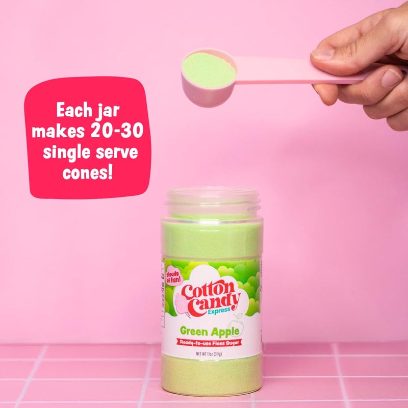 عبوة متنوعة من سكر غزل البنات من كوتون كاندي إكسبرس، تحتوي على 3 عبوات بلاستيكية سعة 11 أونصة من سكر الكرز والتوت الأزرق والعنب. يُستخدم مع ماكينة كوتون كاندي إكسبرس المنزلية. - Image 2